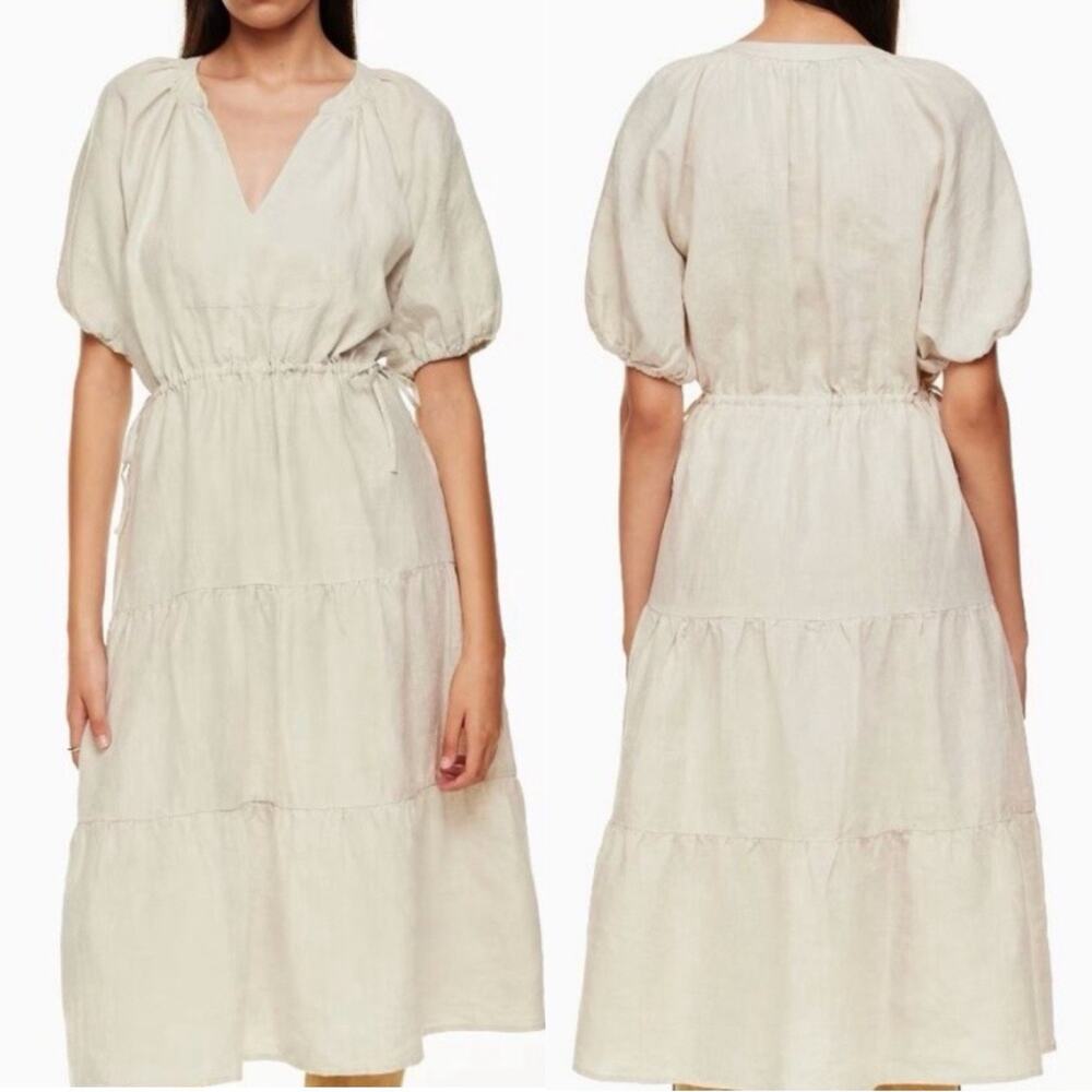 Wilfred Aritzia Linen Natural Beige V Neck Puff Sleeve Tiered Midi Dress Small